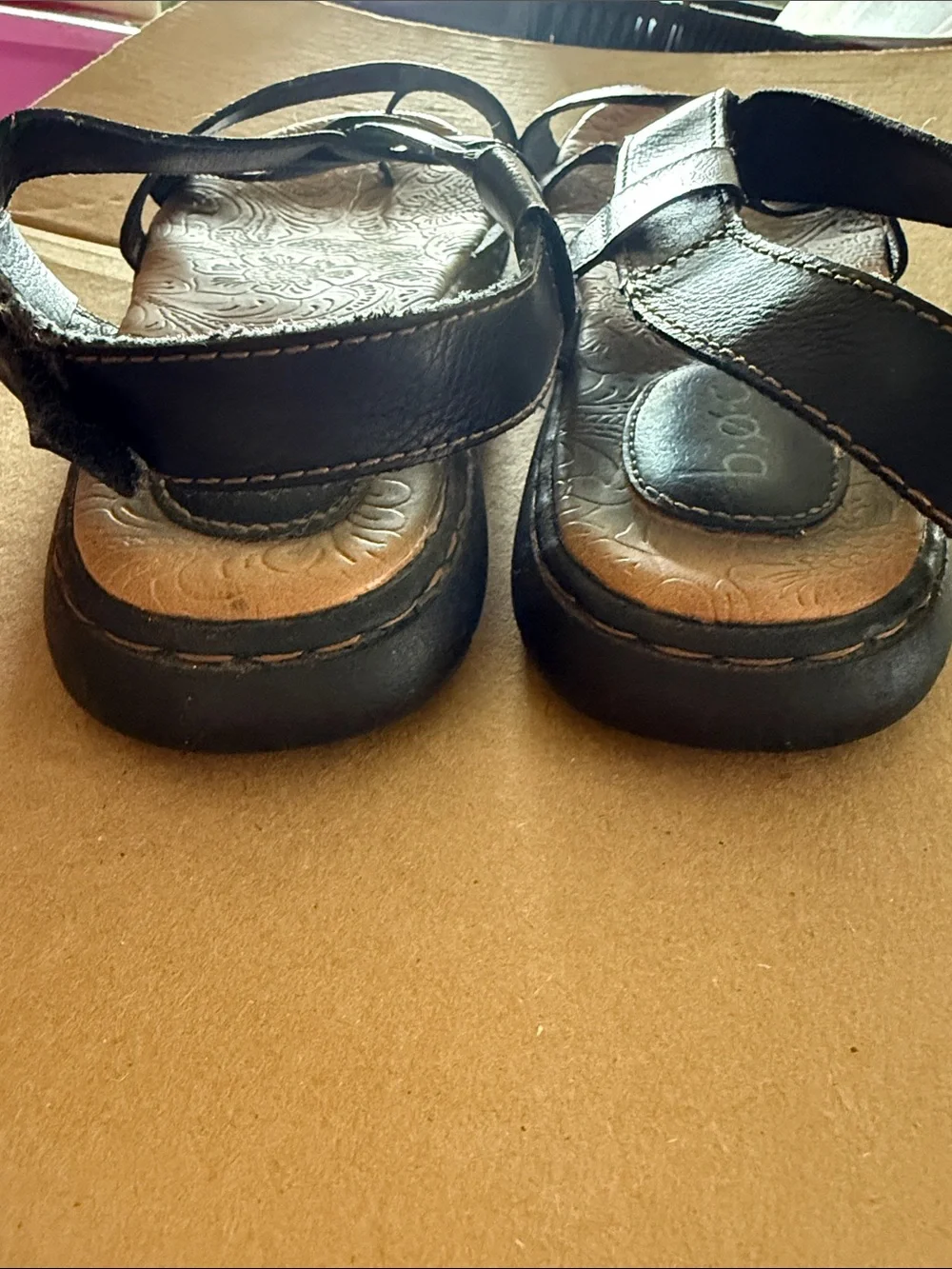 b.o.c. Black Leather Cross-Strap Sandals with Tan Embossed Footbed